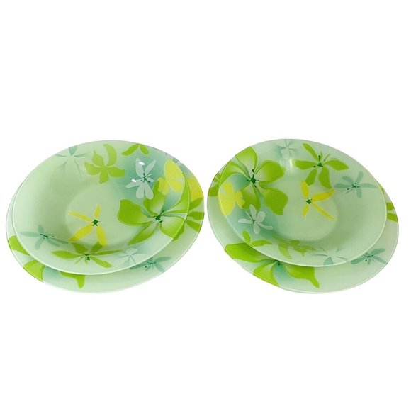 Luminarc 2 Dinner Plates 2 Salad Bowls Green Ode Tempered Glass Tableware Floral - Picture 3 of 11